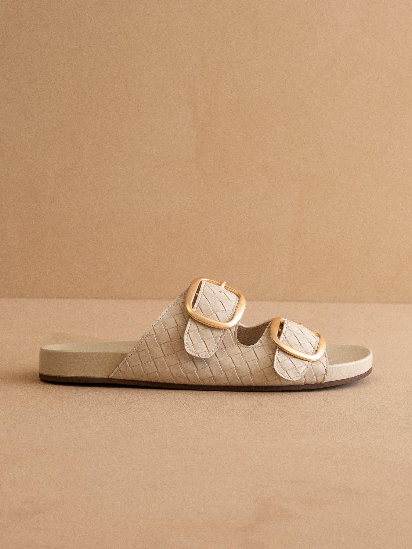 OASIS SOCIETY - The Desiree | Beige Woven Slide with Oversized Gold Buckles